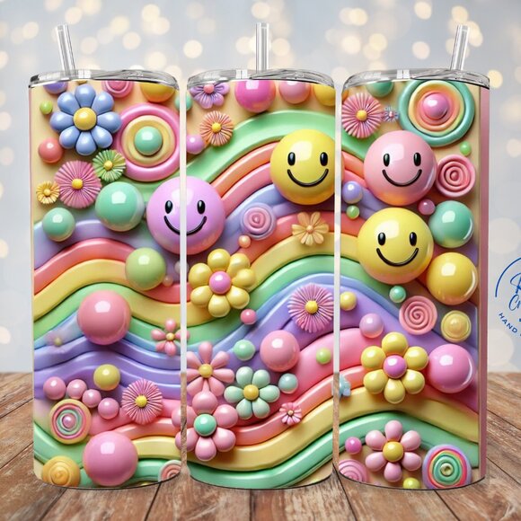 R&M Creations / Hand Crafted Other - Rainbow Smiley Face Tumbler, Colorful Stainless Steel Cup With Lid And Straw